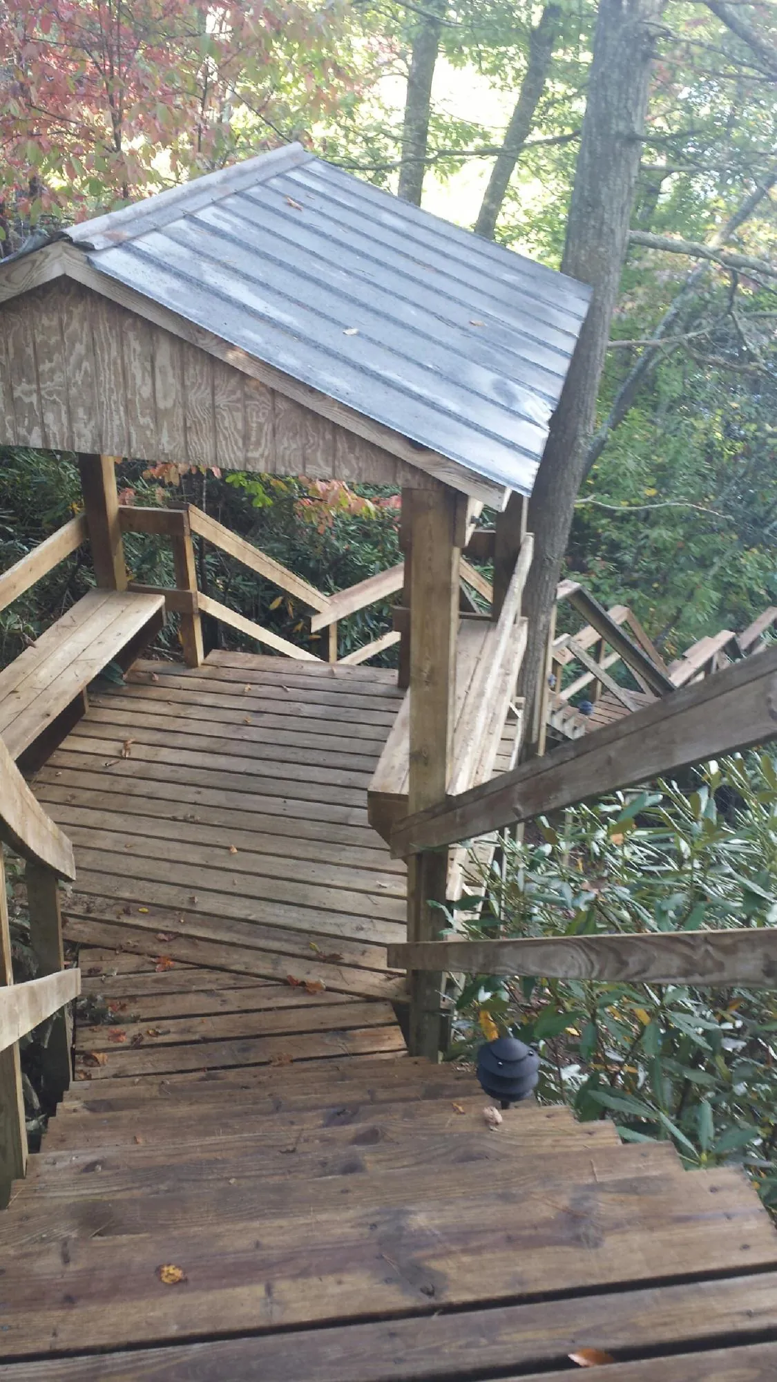 Metal roofed shelter over wooden steps on a wooded walkway — Skylight Repair & Installation work by our crew in Haltom City